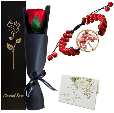 Rose Éternelle Rouge avec Tige - Fleur Préservée et Stabilisée,Un Vraie Petit Bouquet de Roses Cadeau Femme pour Saint-Valentin, Fête des Mères,Noël - Idée Cadeau pour Maman,Épouse, Petite Amie