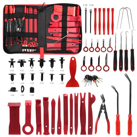 Ruaizel Kit di 415 strumenti per la rimozione delle finiture dell'auto, con custodia, strumento di rimozione in plastica per rimuovere interni auto, pannelli, radio, stereo, terminali (rosso)