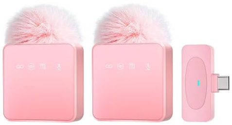 Fangxuee Portable Live MIC Wireless Lavalier Microphone for SmartPhone with Noise Reduction Recording Mute Function Pink