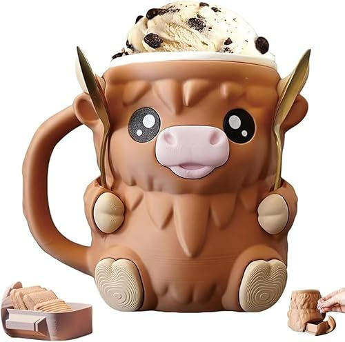 Yamobi Cute Highland Cow Ice Pint Holder,EIS Pint Halter mit Löffel, 473ml Anti-Freez Hände Eisbecher Mit Löffelschlitz,Geheimer Snackschublade
