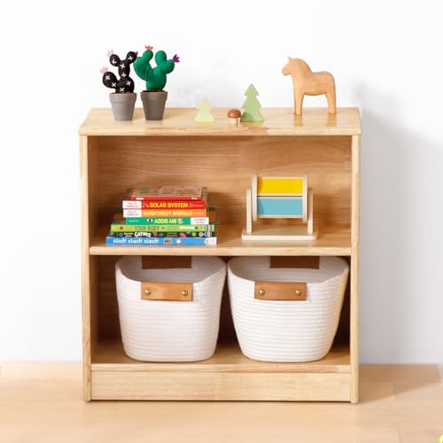OOOK Rubberwood Kids Shelf, 2-Tier Toy Storage and Organizers, 60 cm L | 18mm Rubberwood, Rounded Edges, Kid Reachable Height, Suitable for Kids Room, Playroom, Nursery, Classroom etc.