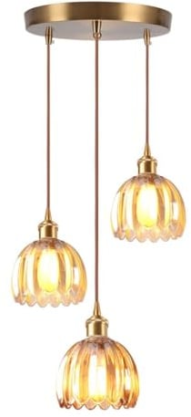 LIGINOK 3 Lampes Suspension Luminaire Vintage Lustre en Verre Ambre Fleurs E27 Lampe à Suspension de Table de Salle à Manger Réglable en Hauteur pour Chambre Cuisine Salon