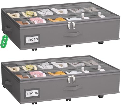 VERONLY Under Bed Shoe Storage Organiser with Wheels for Closet Fits 24 Pairs- Sturdy Underbed Shoe Storage Box Bins,Set of 2 (Grey)