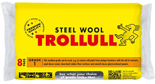 TROLLULL Steel Wool | Wire Wool medium 1, can be used to sand wood, remove old paint and varnish from antique furniture, and clean hard rubber floors, 8 pads 200g
