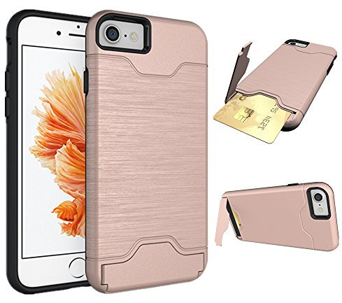 Se7enline iPhone 8 Case,iPhone 7 Case, Impact Resistant iPhone 7/8 ID Card Holder Case with Kickstand Protective Hard Shell Shockproof Anti-scratches Card Solt Wallet Case for girls Rose Gold