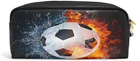 Domoko Ballon de foot en feu et de l'eau PU Cuir Stylo Trousse Pochette Housse Maquillage de voyage Sac d'école