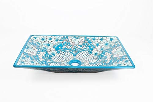 Lorena - Lavabo mexicain turquoise - Cerames - Lavabo 55 x 36 x 11 cm - Lavabo en Mexique pour salle de bain cuisine rustique