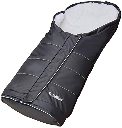 Fellhof 1087 Lammfell Fußsack Sölden, größenverstellbar, bei 30 °C waschbar, OEKO-TEX Standard 100 zertifiziert, mit patentiertem Magnetverschluss, Rückenteil abzippbar, 40/45x82/94cm (black&white)