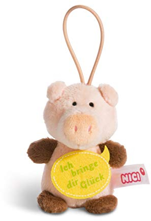 NICI 44869 Anhänger Schwein mit Spruch Ich bringe dir Glück 8cm mit Loop, Rosa/Braun