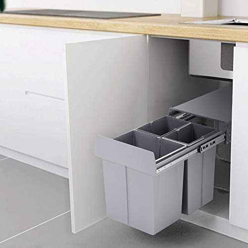 XEMQENER 30L/40L Kitchen Pull out Bin with Sliding Buffer Kitchen Cupboard Waste Dust Bin Recycle Bin for 300-400mm Wide Cabinet