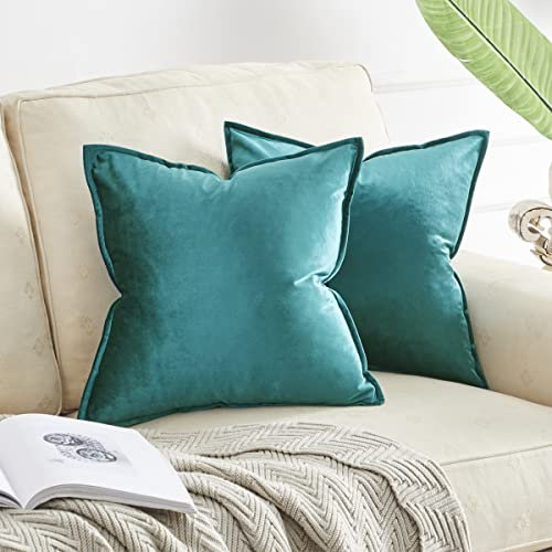 OMMATO Kissenbezug 55x55 cm Kissenbezüge Samt dekorative Kissenhülle 2er Set Dekokissen für Sofa Schlafzimmer Wohnzimmer AutoPfauen Blau