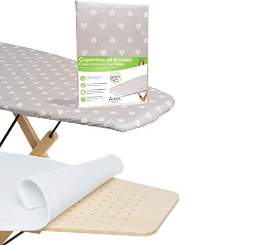 ARCOL Copertina ad Elastico con Mollettone Ricambio Compatibile per ASSE da Stiro Foppapedretti, Made in Italy, Copertura Copriasse da Stiro 100% Cotone (Beige Cuori Bianchi)