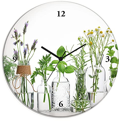 ARTLAND Wanddeko Wanduhr ohne Tickgeräusche Glas Funkuhr Ø 30 cm Rund Lautlos Küche Kräuter Gewürze Skandinavisch Landhausstil H9KE