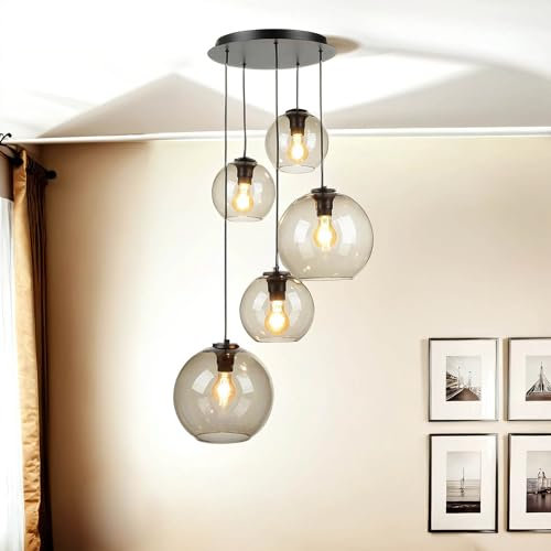 Licht-Erlebnisse Hängeleuchte VETRO rund mit Rauch-Glas 5-flammig E27 D:45cm für Küche Esszimmer Wohnzimmer Retro Vintage Pendelleuchte Hängelampe Hängeleuchte Innen