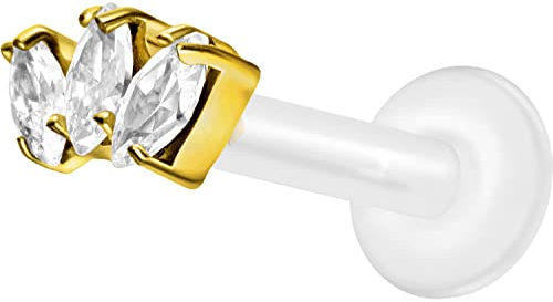 PIERCINGLINE PTFE Labret mit Gewinde TITAN AUFSATZ 3 Kristalltropfen Piercing Lippe Nase Ohr Helix Goldfarben 1,2 x 6 mm