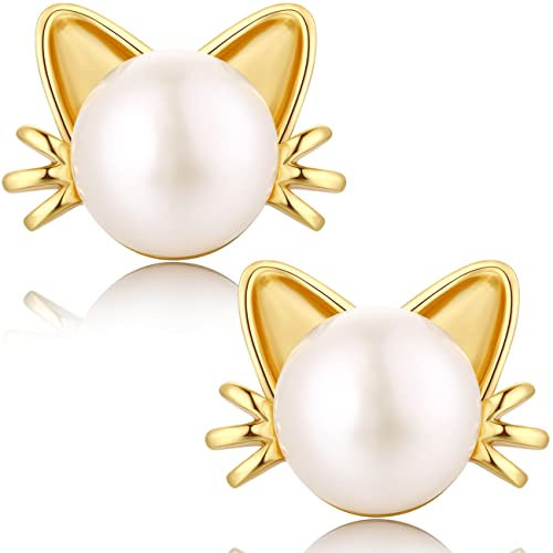 Katzen Ohrringe Gold Katze Ohrstecke Cat Earrings Ohrringe Perlen Katze Silber,Ohrringe Katze Silber,Süßwasser Katzen Perlen Ohrringe Gold Katze Silber Ohrringe,Ohrringe Damen Katze,Katzen Ohrstecker