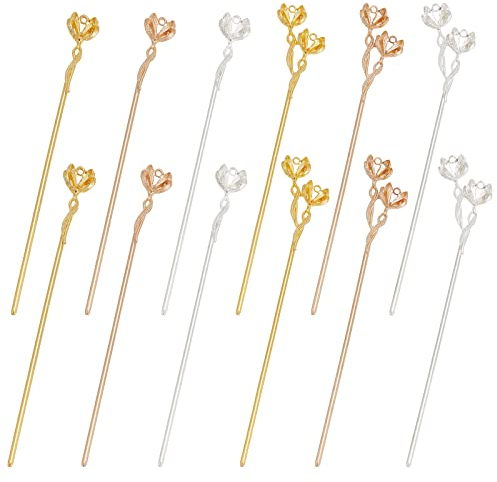 PH PandaHall Bâtonnets à Cheveux 12pcs 6 styles Forme de Fleur en Métal Épingles à Cheveux Vintage Baguettes à Cheveux Fourchette à Cheveux Porte-Chignons Décoratifs pour Femmes Or/Argent