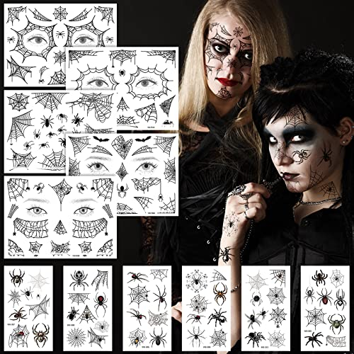Halloween Spinnen Tattoos,Halloween Gesicht Tattoos Mit Schwarz Realistisches Motive Spinnennetz und Spinnen Gesichtsaufkleber für Gesicht,Körper,Kostüm,Party,Schminke,Karneval-10 Blätter