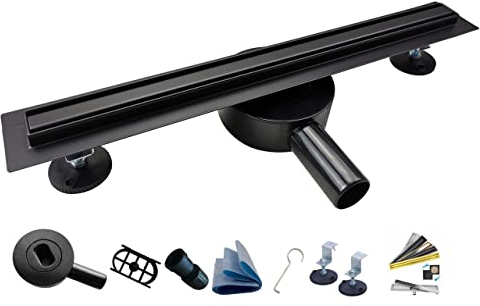 AQUA HEATING Desague Ducha Desagüe Lineal De Acero Inoxidable Canaleta con Sifón Y Filtro Diámetro De 40 o 50 mm 60 cm Negro Mate Estrecho Rotativo