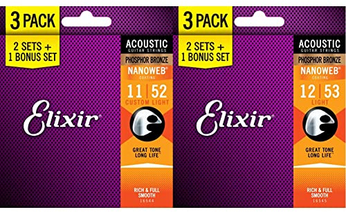 Saiten für Akustikgitarren, Elixir 16544 Nanoweb, Bronze 11–52, 2 Sets und ein Bonus-Set & Akustik Phosphor Bronze Nano Saiten 012/053 (3-er Pack)