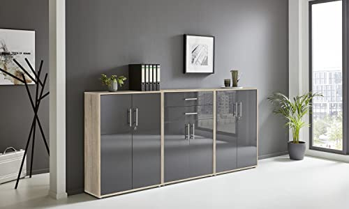 BMG Möbel Aktenschrank Office Edition Set 15, Büroschrank abschließbar mit Metallgriffen Made in Germany (Eiche Sonoma/Anthrazit Hochglanz)