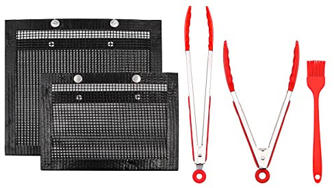 Pack of 5 NUZAMAS BBQ Mesh Grill Bag, Non-Stick Barbecue Bag High Temperature Resistance Dishwasher Safe BBQ Bake Net Bag Cooking Tool Easy Clean for Meat Fish Vegetable Outdoor Picnic Travel
