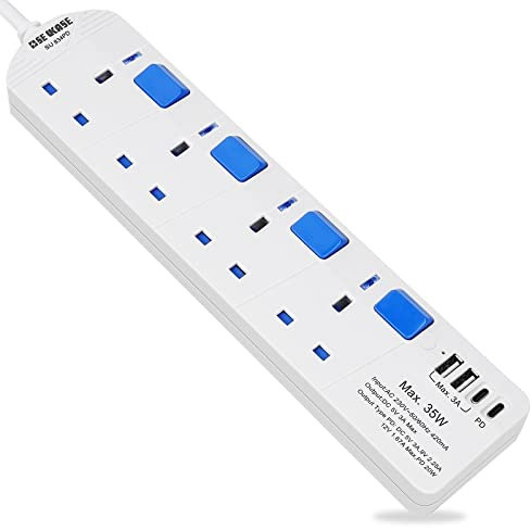 SE UKASE Extension Lead withUSB-C PD port,Fast Charging, 4 Way Plug Sockets with Individual Switches USB and Type C, Wall Mount Design with 2M Extension Cable 2990W/13A SU 834PD