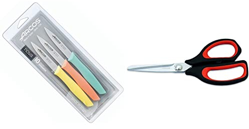Arcos Nova, Cuchillos Mondadores, Acero Inoxidable, Multicolor, 85 mm (Paquete de 3) & Tijeras de Cocina, Hoja de Acero Inoxidable 210 mm, Mango de Polipropileno Color Negro y Rojo