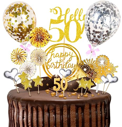 50.Geburtstagstorte Topper Probuk 21 Stücke Gold Glitter Happy Birthday Kuchendeko mit Geburtstagskerzen,Sternen,Konfetti-Luftballons und Papierfächer,Partydekoration für Geburtstags/Hauspartys