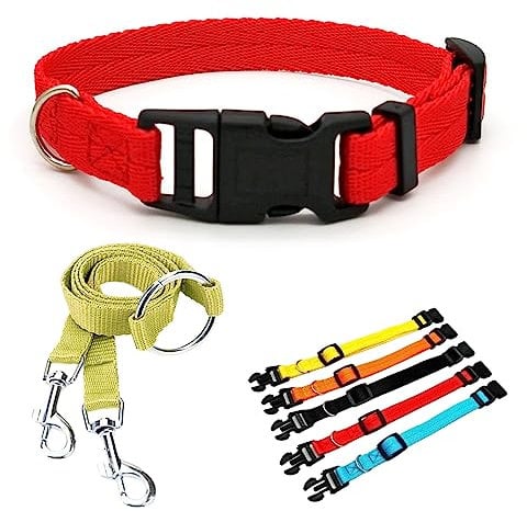 : GaoBangM Nylon Dog Collars, 1 Pcs Collar+1 Pcs Double Lock Pet Traction Rope, Safety Buckle-Adjustable and durable, suitable for Small and Medium Dogs, Red, 1.5 cm Width, M