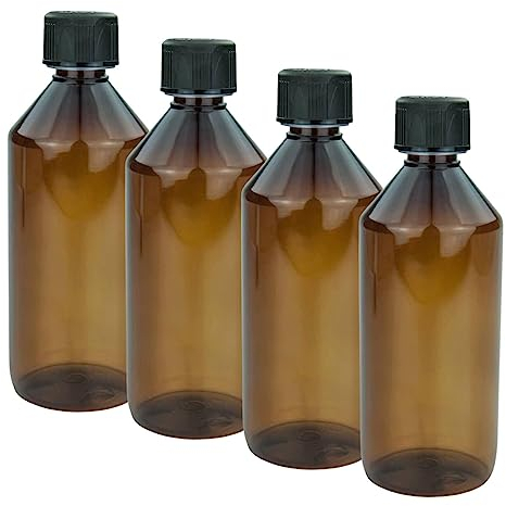 mikken 4x Braune Laborflasche 500 ml Kunststoff Flaschen für e-Liquid, Chemikalien, etc. + Etiketten