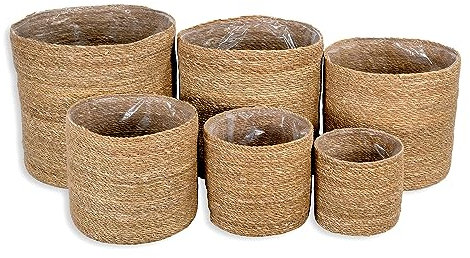 DARO DEKO Seegras Korb rund Natur 6er Set mit Einsatz Blumentopf geflochten Aufbewahrungskorb Über-Topf Blumenkorb
