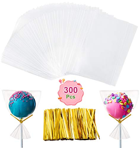 GWHOLE 300 PCS Lollipop Packaging Sets Cake Pop Bag Clear Treat Bags with Twist Ties for Lollipops Candies Chocolates Cookies(No Cake Pop Sticks)