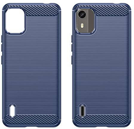 KOARWVC Phone Case for Nokia C12, Carbon Fiber Shockproof Rugged Shield Soft TPU Back Cover Case with HD Screen Protectors, Blue