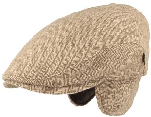 Breiter Herren Winter Schiebermütze mit Ohrenklappen Flatcap Schirmmütze 100% Wolle mit ausklappbarem Ohrenschutz Mütze Hautfreundlich & Bequem
