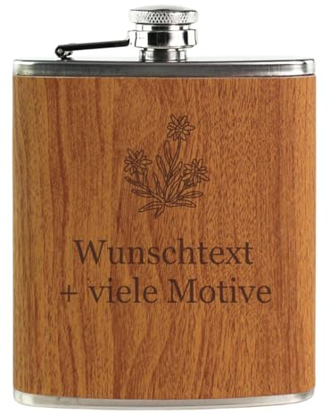 Flachmann mit Gravur, Name + Motiv, Geschenkidee für Männer + Frauen, Schnapsgeschenk in Holz Optik, aus Edelstahl, Füllmenge 175 ml, personalisierte Geschenke von Geschenkissimo