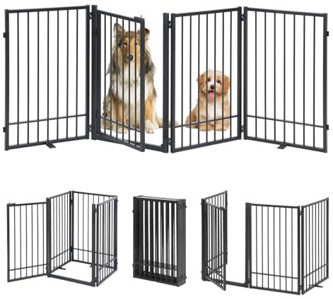 HIDOG Metal Freestanding Dog Gate with Door, Extra Wide 205cm, Height 78 cm Foldable Dog Gates for Doorways, Tall Dog Fence Indoor Outdoor Pet Gates, 4 Panels Pet Barrier for Stairs Hallways