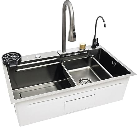 Fregadero de cocina con cascada, 75 x 45 cm, acero inoxidable 304, con grifo, lavavajillas y tabla de cortar, 1 lavabo