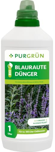 Purgrün® Bio-Blauraute-Dünger | Organische Rezeptur | Premium-Flüssigdünger | NPK 4+1+7 | Mit Algenextrakt & Vinasse | Extra Kalium für prächtige Blüten | Ohne tierische Inhaltsstoffe | 1 Liter