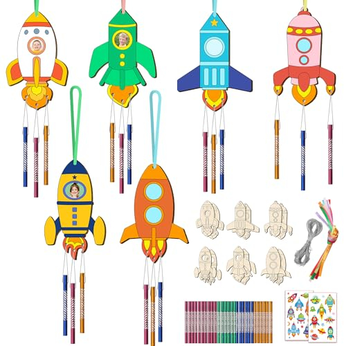 12 Stück Raketen Windspiel Bastelset Kinder Holz DIY Weltraum Geburtstag Party DekorationKlangspiele Set Kindergeburtstag Klangspiele Holzbastelsets Deko Garten Kreative für Jungen Mädchen
