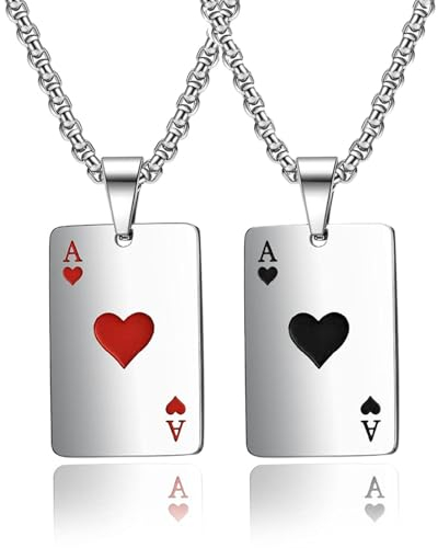 ZAMXHUG Colgante Hombre - 2 pcs Collar de Cartas de Juego Poker,Collar de Acero Inoxidable Plateado Accesorios para Hombres para Parejas y Hombres,60cm(Ace of Spades+As de Corazones)
