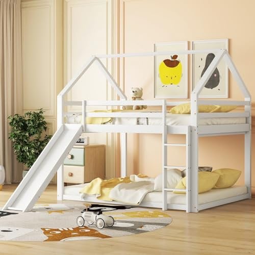Lettino per bambini 140 x 200 cm, letto a soppalco con scivolo e scala, letto in legno di pino con rete a doghe e ringhiere, senza materasso, adatto per bambini e ragazzi (bianco)