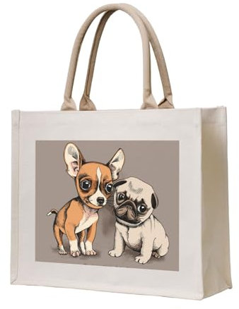 YWSOTRE Chihuahua Bulldog süße Mops Hund Haustier Tier Freunde Welpen Beige, Tragetasche Canvas-Tasche Einkaufshandtasche Einkaufstüten, Mehrzweck-Schultertaschen