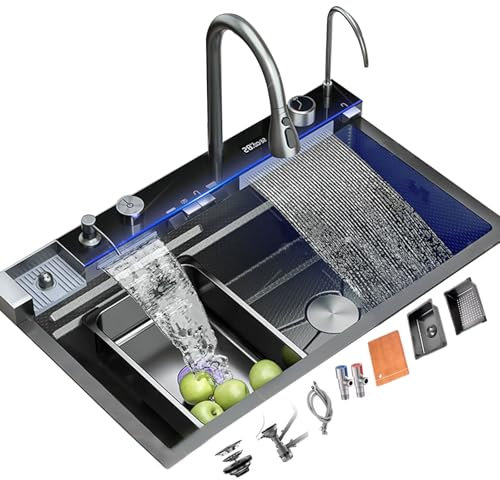 Fregadero De Cocina Con Grifo De Cascada Fregadero Multifunción De Acero Inoxidable Fregadero Negro/blanco/dorado Fregadero Grande De Un Solo Tazón Accesorios Incluidos (negro, 68x46x22cm)