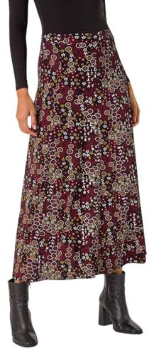 Roman Originals Jersey Skirt for Women UK - Ladies Midi Maxi Floral Animal Print Autumn Winter Swing Smart Casual Work Office Cocktail Party Going Out Evening Holiday Cruise - Red - Size 14