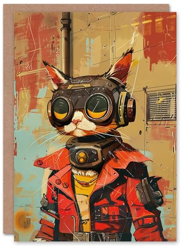 Artery8 Cat Lover Sci Fi Space Tabby Race Atompunk Animal Blank For Him Or Her Art Birthday Card