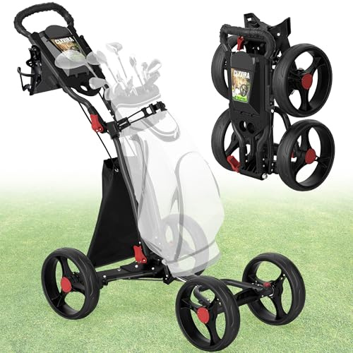 Clyvira 4-Wheel Golf Push Cart, 1-Click Folding, 300 lbs Load Capacity, Large Storage with Cup Holder, Cooler Bag, 10 Durable Wheels with Brake for All-Terrain, CruiseMaster V8 Golf Cart (Black)