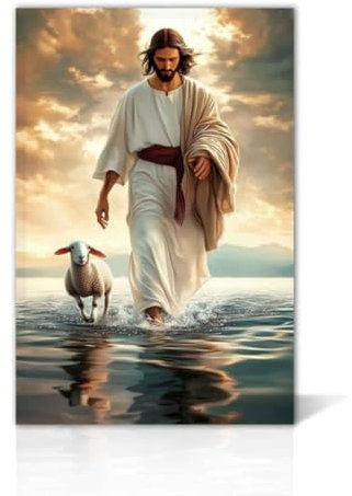 LZIMU Jesusbild für die Wand Christliche Leinwanddrucke Jesus Geht auf Dem Wasser Wandbild Christus Rettet Das Verlorene Lamm Kunstdrucke Gott Poster (Braun, 30.00 x 45.00 cms)