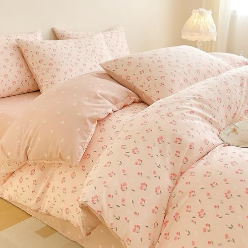 Nayoroom Bettwäsche 135x200 4teilig Rosa Blumen Muster Aesthetic Cute Bettbezug Set Romantisch Blümchen Floral Renforce Mikrofaser Feinbiber Bettwäsche-Sets mit Reißverschluss und 2 Kissenbezüge 80x80