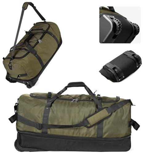 YHYEH 32 Reisetasche mit Weichen Seiten, Faltbar und mit Rollen, Erweiterbar von 110L auf 140L, Rolltasche mit 2 Rollen und Mehreren Taschen,Armeegrün